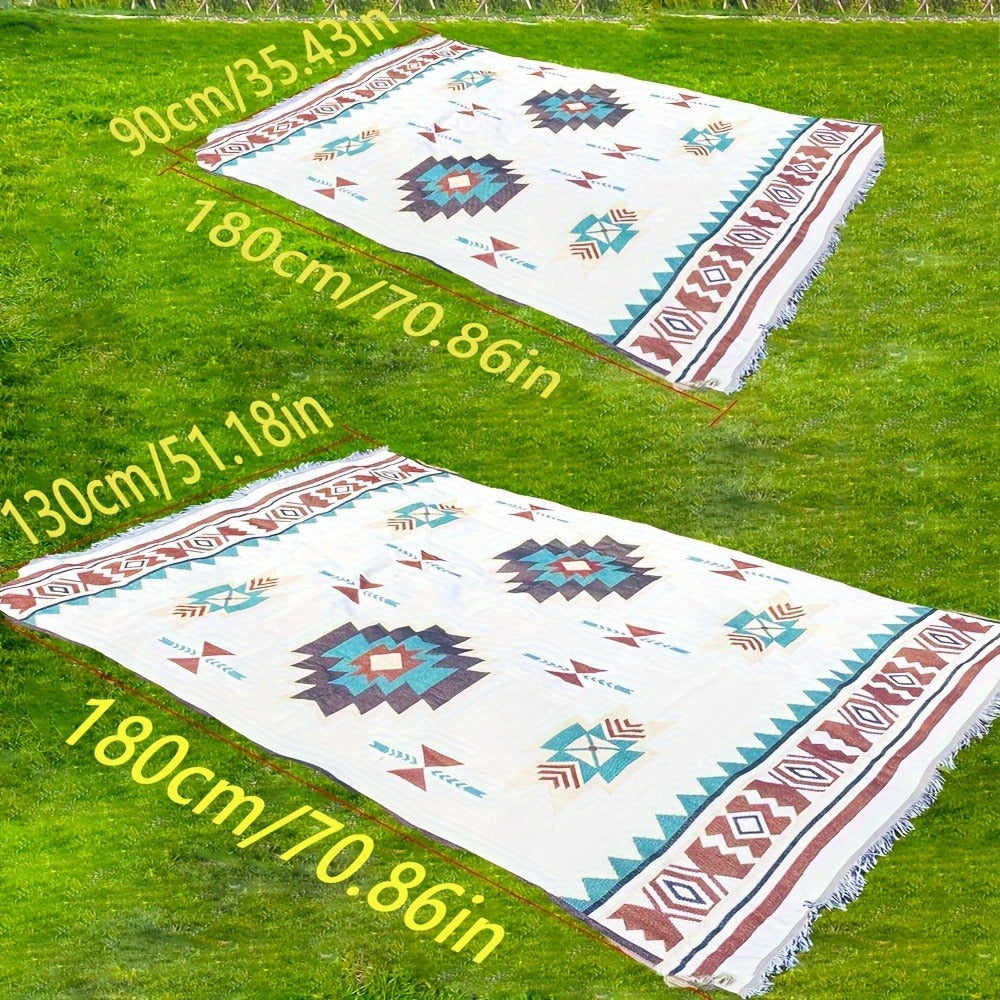 Woven Picnic Blanket with Cream Geometric Bohemian Pattern and 35.43 x 70.86 or 51.18 x 70.86-Inch Sizes