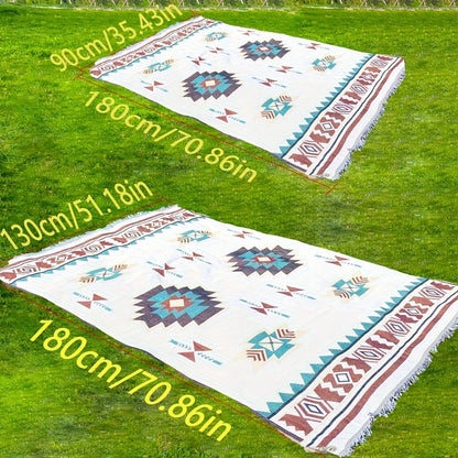 Woven Picnic Blanket with Cream Geometric Bohemian Pattern and 35.43 x 70.86 or 51.18 x 70.86-Inch Sizes