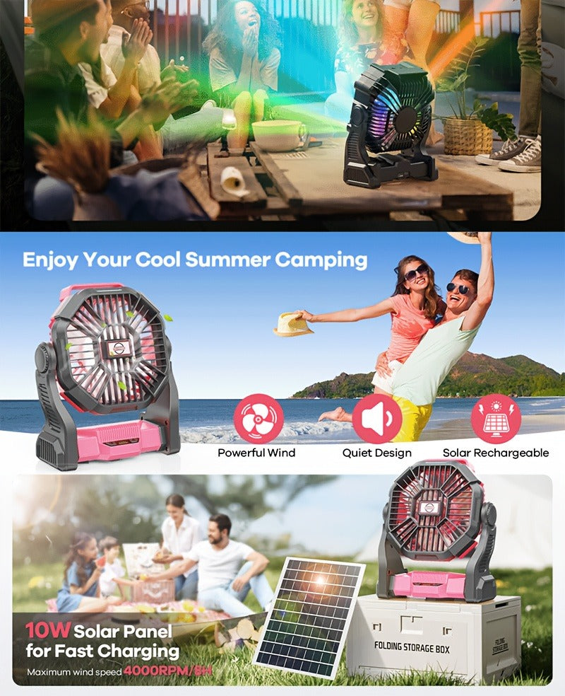 Camping Fan Rechargeable 20000mAh with Misting Solar Panel RGB Mood Light 4-Speed Tent Hook Phone Charging Portable Outdoor Fan