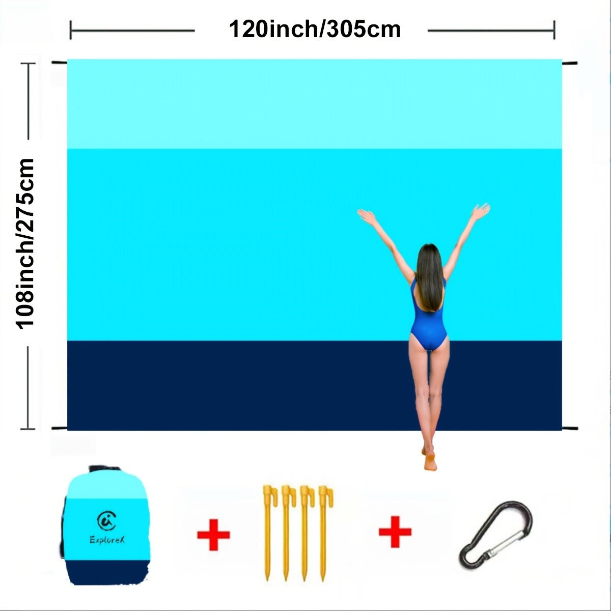 Printed Beach Mat with 19 Exact Size-and-Pattern Options, 198 x 205cm to 275 x 305cm with Stakes and Pouch