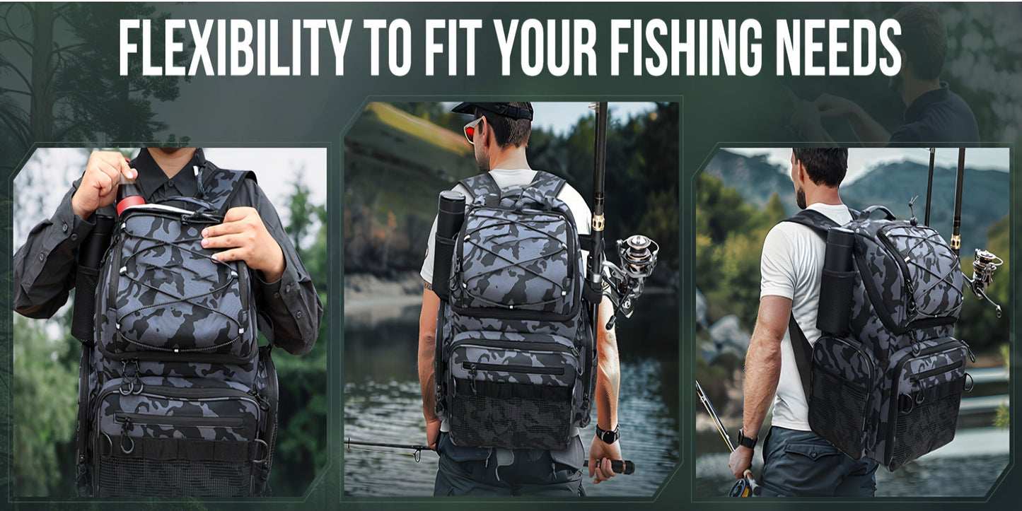 Waterproof Fishing Rod Backpack 42L – Built-In Rod Tube, 16 Pockets & Insulated Cooler Option | Black, Camo, Khaki, Gray