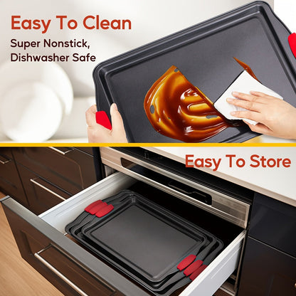 Three-Pan Gray Baking Sheet Set or Nine-Piece Kit with Six Utensils and Red Silicone Grips