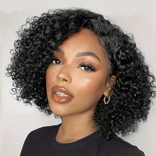 Lace Front Wig Kinky-Curly Human Hair, 8-26 Inch Natural Black with 4x4 Closure and 150% Density