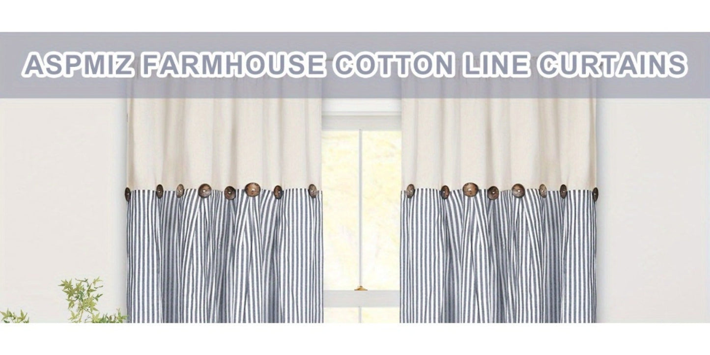 Semi Sheer Curtains Bohemian Linen Cotton Patchwork Grommet Top Window Drapes for Bedroom Living Room Kitchen Bathroom Cafe - Boho Country Cottage Style 4 Seasons 1 or 2 Panels