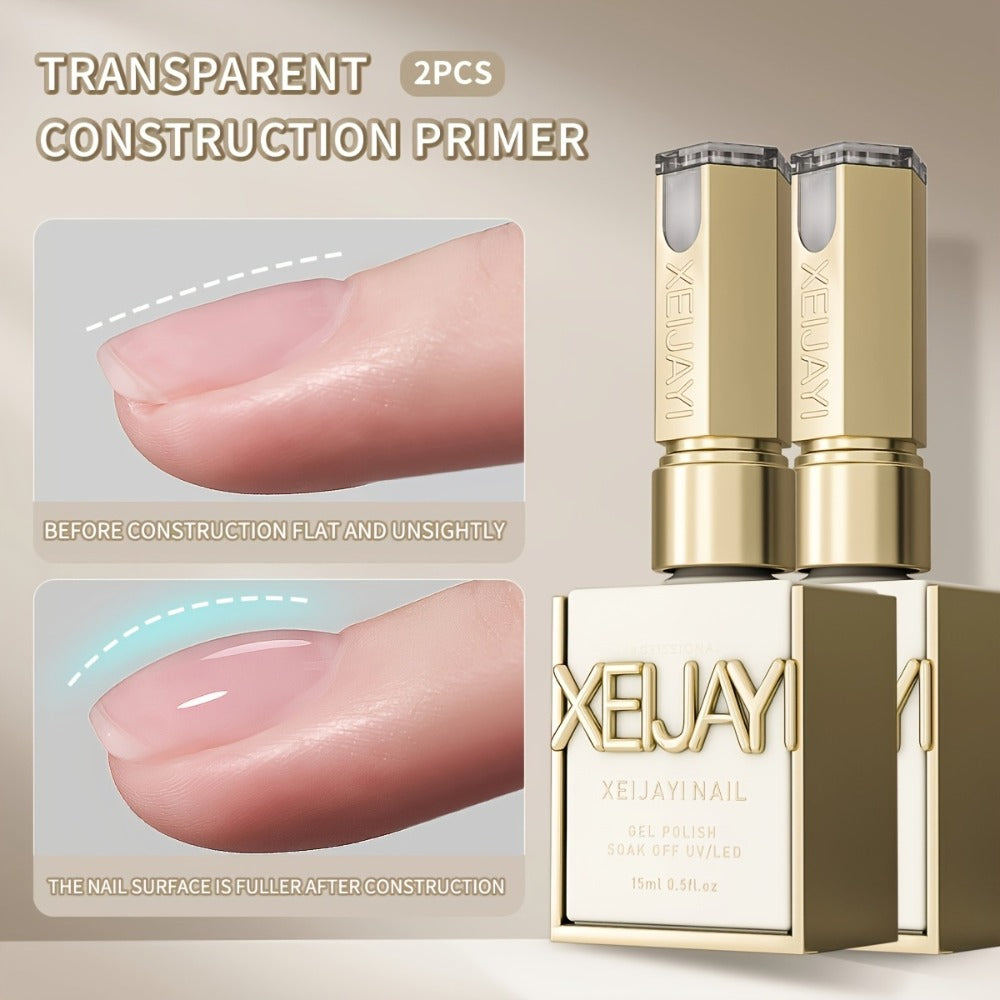 Builder Gel Base 2-Bottle Set, 15ml Each with Transparent Construction Primer for UV or LED Nail Extension Application