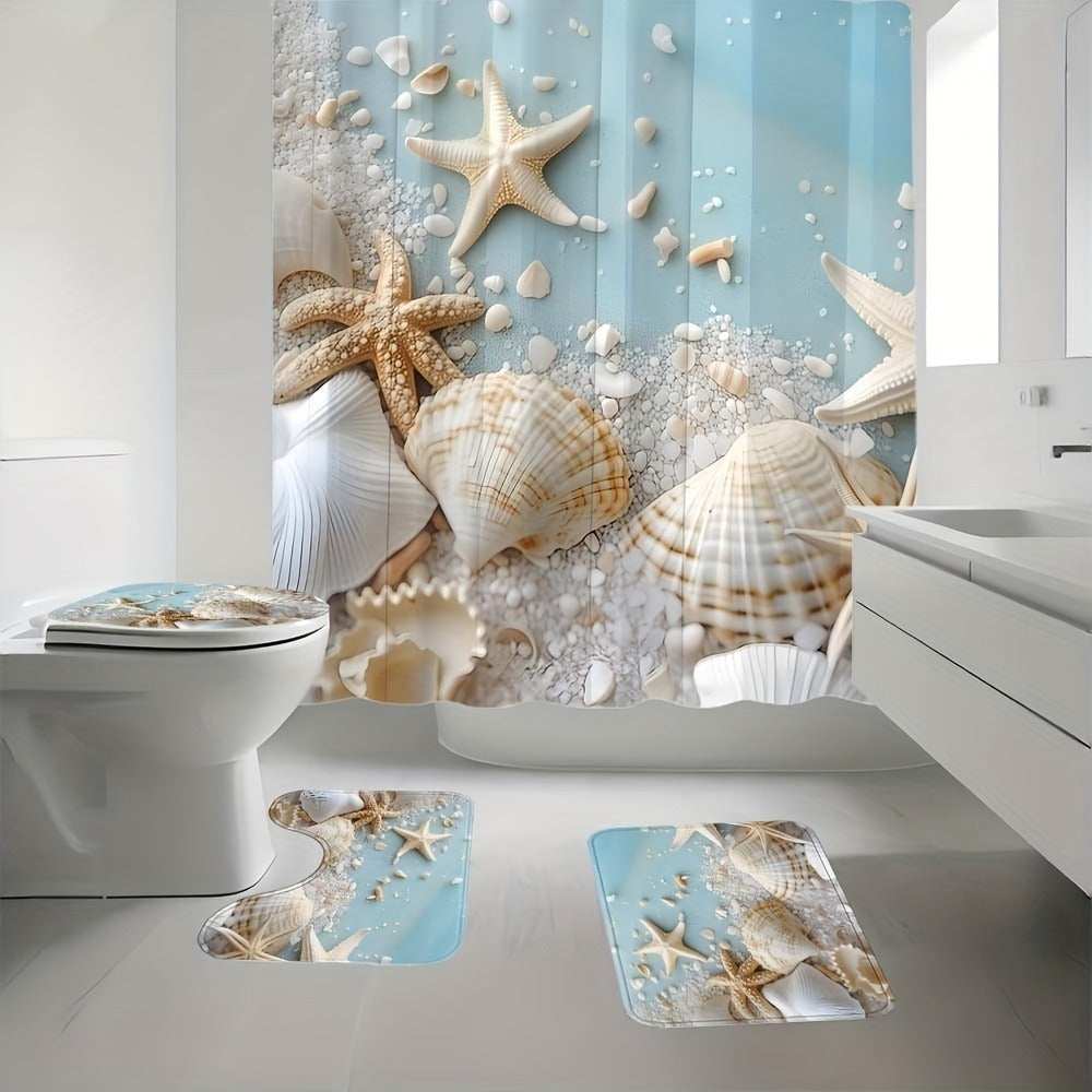 Sea Star and Shell Shower Curtain with One-Piece or Four-Piece Bathroom Set Checkout Options