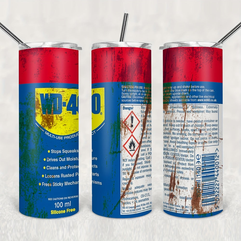 Insulated Tumbler 20oz WD-40 Can-Style Graphic on White Stainless Steel Travel Mug with Lid and Straw