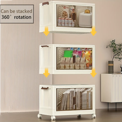 Stackable Storage Cabinet with Doors and Wheels | Collapsible Plastic Locker 1-5 Layers Large Capacity Home Organization for Bedroom Living Room Kitchen Easy Assembly Space Saving