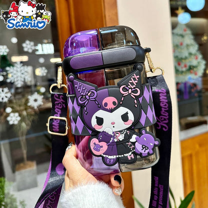 21.6oz Sanrio Water Bottle with Dual Covered Nozzles, Carry Strap and Kuromi or Cinnamoroll Design