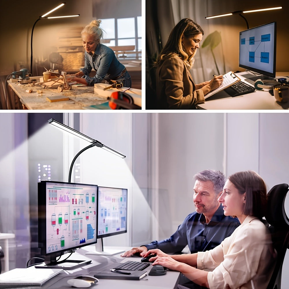 Dual-Head LED Desk Lamp with 28-Inch Light Bars, Clamp Base, USB Controller and Three Color Modes