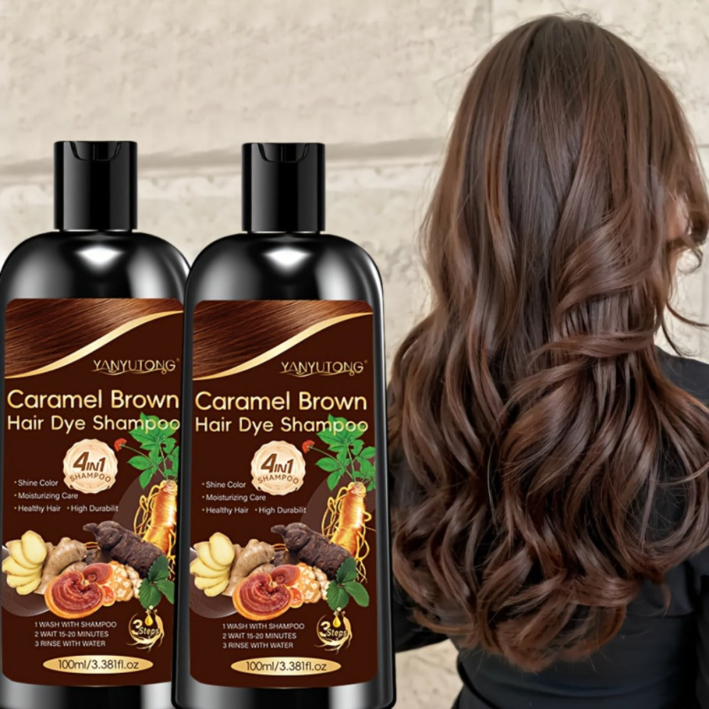 Hair Color Shampoo, YANYUTONG 4-in-1 Caramel Brown Two-Bottle Set with 3.38oz in Each Bottle