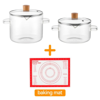 Glass Saucepan Set 2-Pack Stovetop Safe Borosilicate Ribbed Pots with Lids – 78oz & 54oz Heat Resistant Cookware for Soup, Ramen, Milk | Transparent Glass Pot Kitchen Cooking Set with Baking Mat