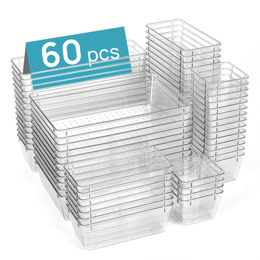 Drawer Storage Organizer Set 60-Piece Clear Plastic Bins in Four Sizes for Desk, Kitchen or Office