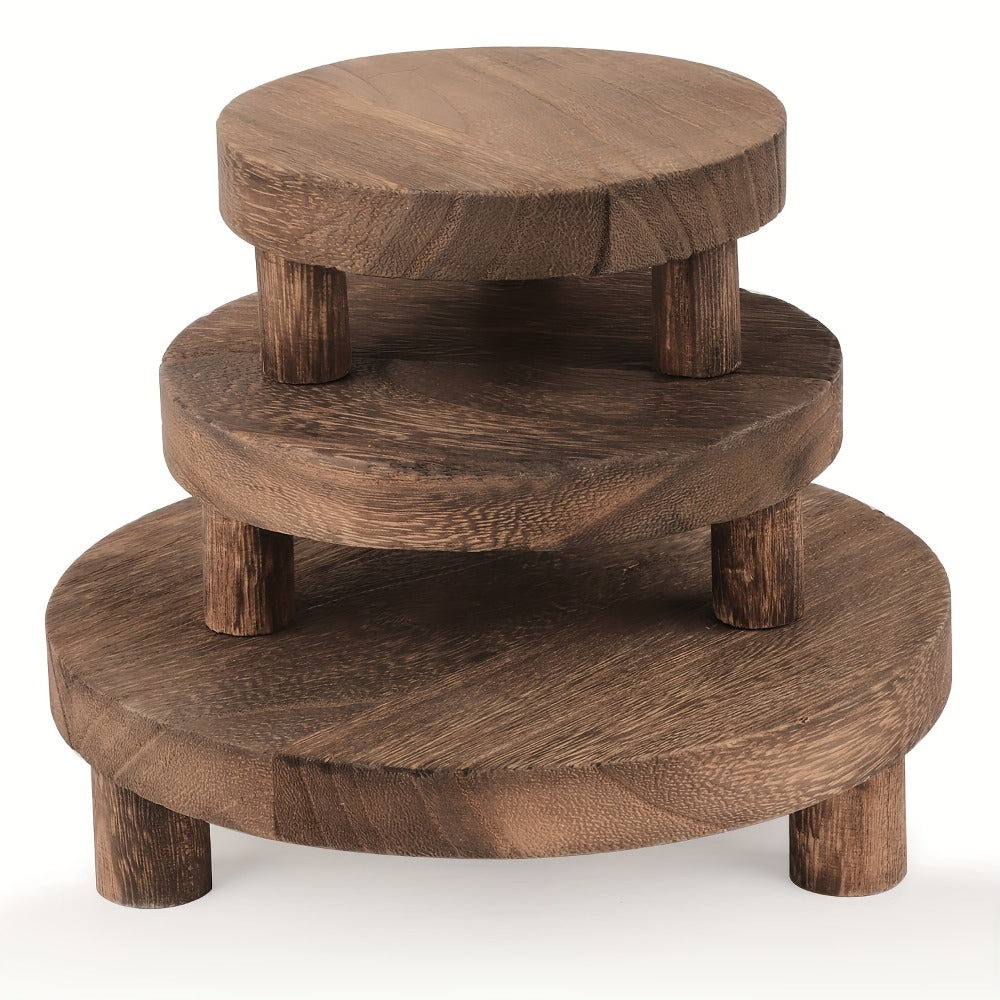 Wooden Display Riser Stands 3pcs Set Rustic Multi-Tier Cake Stand with Sleek Legs - Natural for Entryways, Bedrooms and Living Spaces