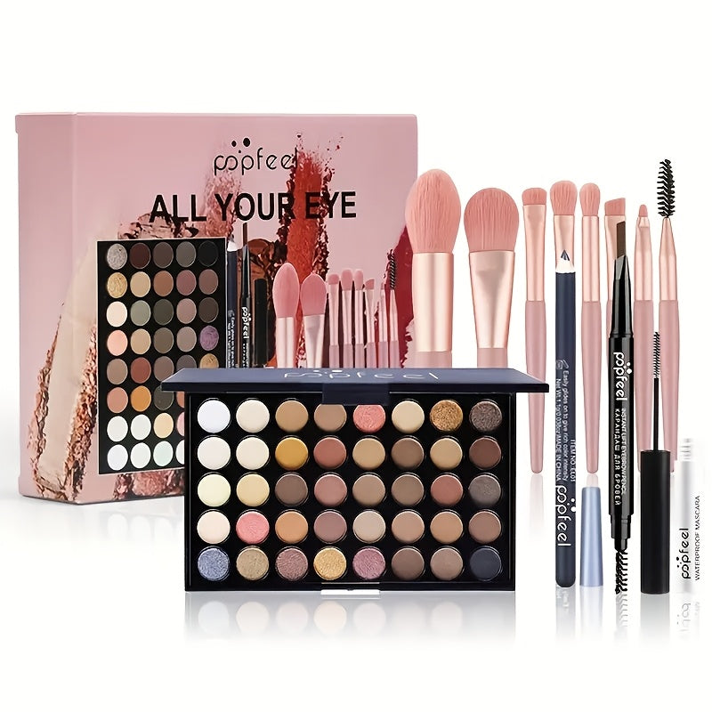 Complete Eye Makeup Kit 40 Color Eyeshadow Palette with Mascara Eyeliner Eyebrow Pencil & Brush — Matte Shimmer Glitter Pigmented