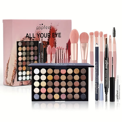 Complete Eye Makeup Kit 40 Color Eyeshadow Palette with Mascara Eyeliner Eyebrow Pencil & Brush — Matte Shimmer Glitter Pigmented