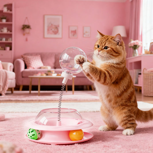 Cat Toy Spinning Food Wheel with Treat Openings, Paw-Powered Rotation and Optional Feather Attachment
