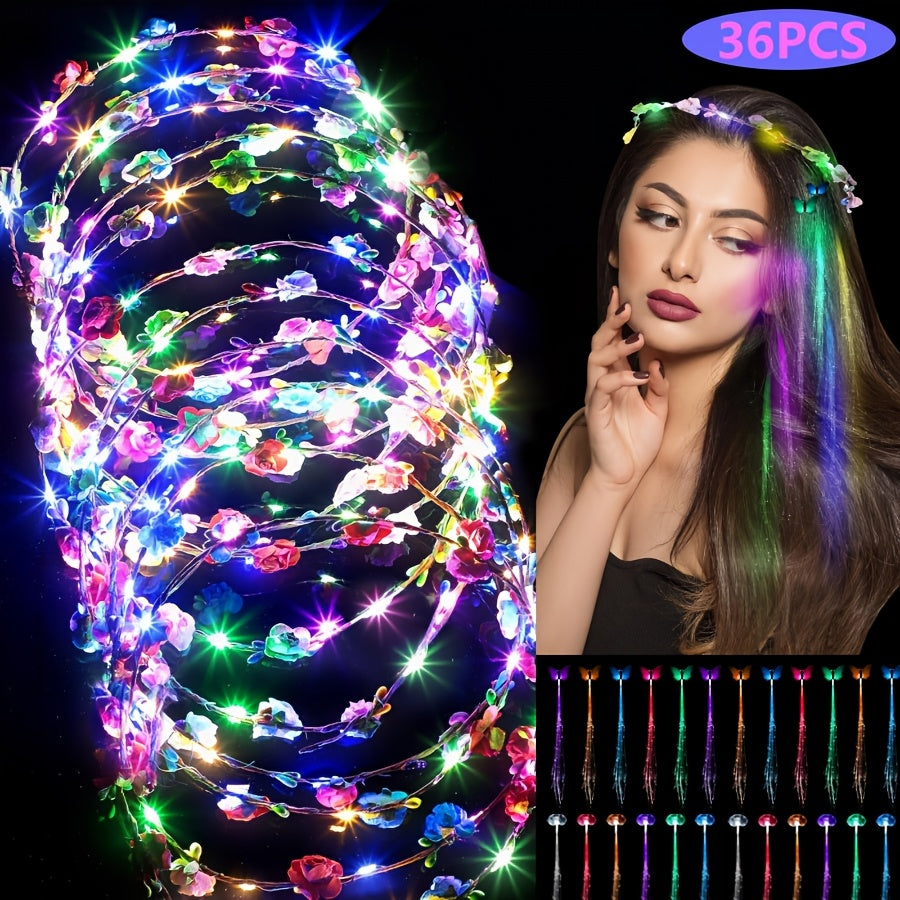 Light Up Flower Crown Headbands 36 Pack Bulk LED Fiber Optic Floral Tiara Glow Party Favors for Women Girls Wedding Birthday Halloween Mardi Gras Bachelorette Cosplay Festival Beach Accessories