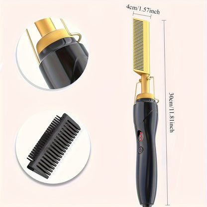 Electric Hot Comb Hair Straightener with Gold Titanium-Alloy Teeth, Detachable Guard and Adjustable Heat Controls
