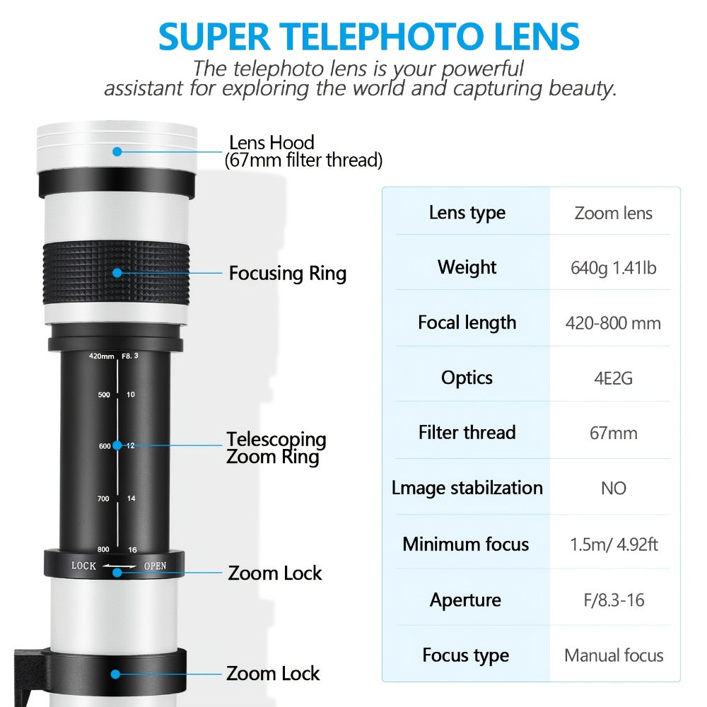 420-800mm High-Power Telephoto Zoom Lens F8.3-16 for Canon EF Mount DSLR Cameras Manual Focus T-Mount Adapter Included Compatible with Multiple Camera Models for Wildlife Bird Moon Photography