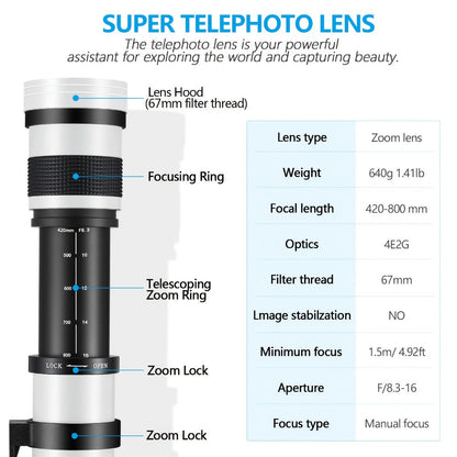420-800mm High-Power Telephoto Zoom Lens F8.3-16 for Canon EF Mount DSLR Cameras Manual Focus T-Mount Adapter Included Compatible with Multiple Camera Models for Wildlife Bird Moon Photography
