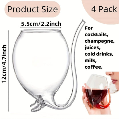 Four-Piece Novelty Tail-Straw Drinking Glass Set with 12-Ounce Capacity and 4.7-Inch Cup Height