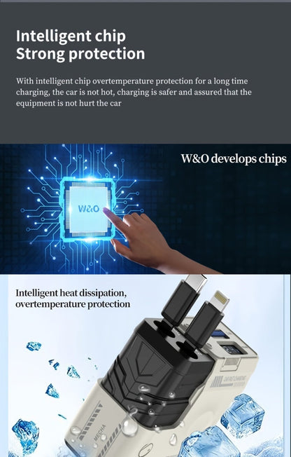 120W Fast Car Charger 4-in-1 with Retractable PD 3.0 Type-C Cable & Multi-Port USB Adapter – Short Circuit & Overheat Protection for iPhone Samsung Galaxy S25 Ultra Huawei Android, 4 Colors Available