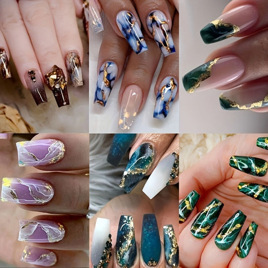 Press On Nails 144-Piece Medium Coffin Set with Blue Marble, Sequins and Included Nail Glue