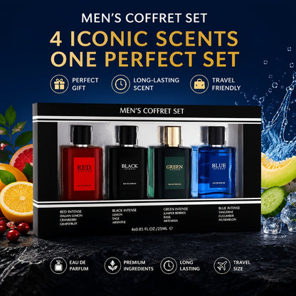 EDT Cologne Gift Set for Men 4 Piece Variety 4 Different Scents Long Lasting Fragrance Mini Bottles 0.85oz Each Travel Friendly Holiday Birthday Dating Party Gift Box for Him