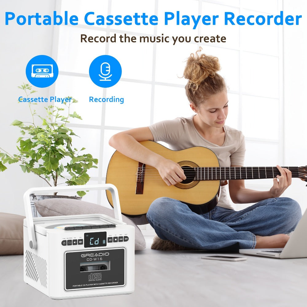 Portable CD and Cassette Player with FM Radio, Tape Recording, AUX, SD, USB and 3.5 mm Audio Connections