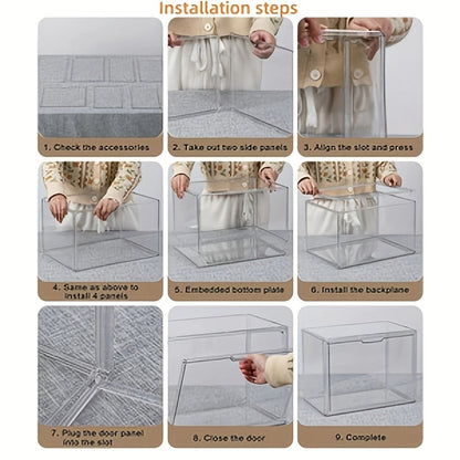 Three-Pack Clear Handbag Display Boxes with Front Magnetic Doors, Stackable Design and Exact Checkout Label