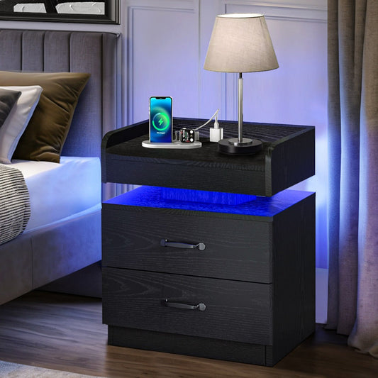 Small Nightstand with USB Charging Station & LED Lights – Compact Bedside Table with Drawer | Under 27 Inch Floor Mount | Dorm Studio Apartment Small Bedroom | Black or White | College Dorm Gift