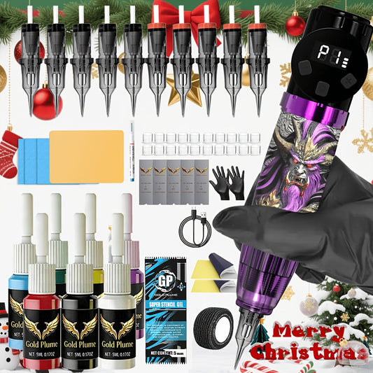 Tattoo Gun Kit Complete Set GOLDPLUME Cordless Rotary Machine 1500mAh Power Supply 10 Needles 7 Inks Full Supplies for Beginners & Professional Artists