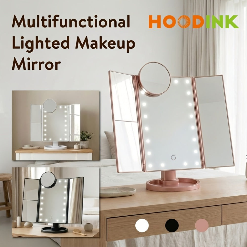 Vanity Mirror with Lights Tri-Fold 21 LED Lighted Makeup Mirror Touch Control 1X 2X 3X 10X Magnification 360 Rotation Dual Power Tabletop Trifold Mirror for Women Gift White Rose Gold