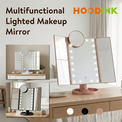 Vanity Mirror with Lights Tri-Fold 21 LED Lighted Makeup Mirror Touch Control 1X 2X 3X 10X Magnification 360 Rotation Dual Power Tabletop Trifold Mirror for Women Gift White Rose Gold