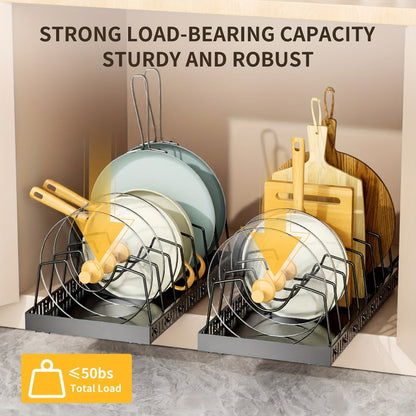 Pull-Out Pot and Pan Organizer with Sliding Cabinet Base, Eight Adjustable Dividers and One- or Two-Pack Options