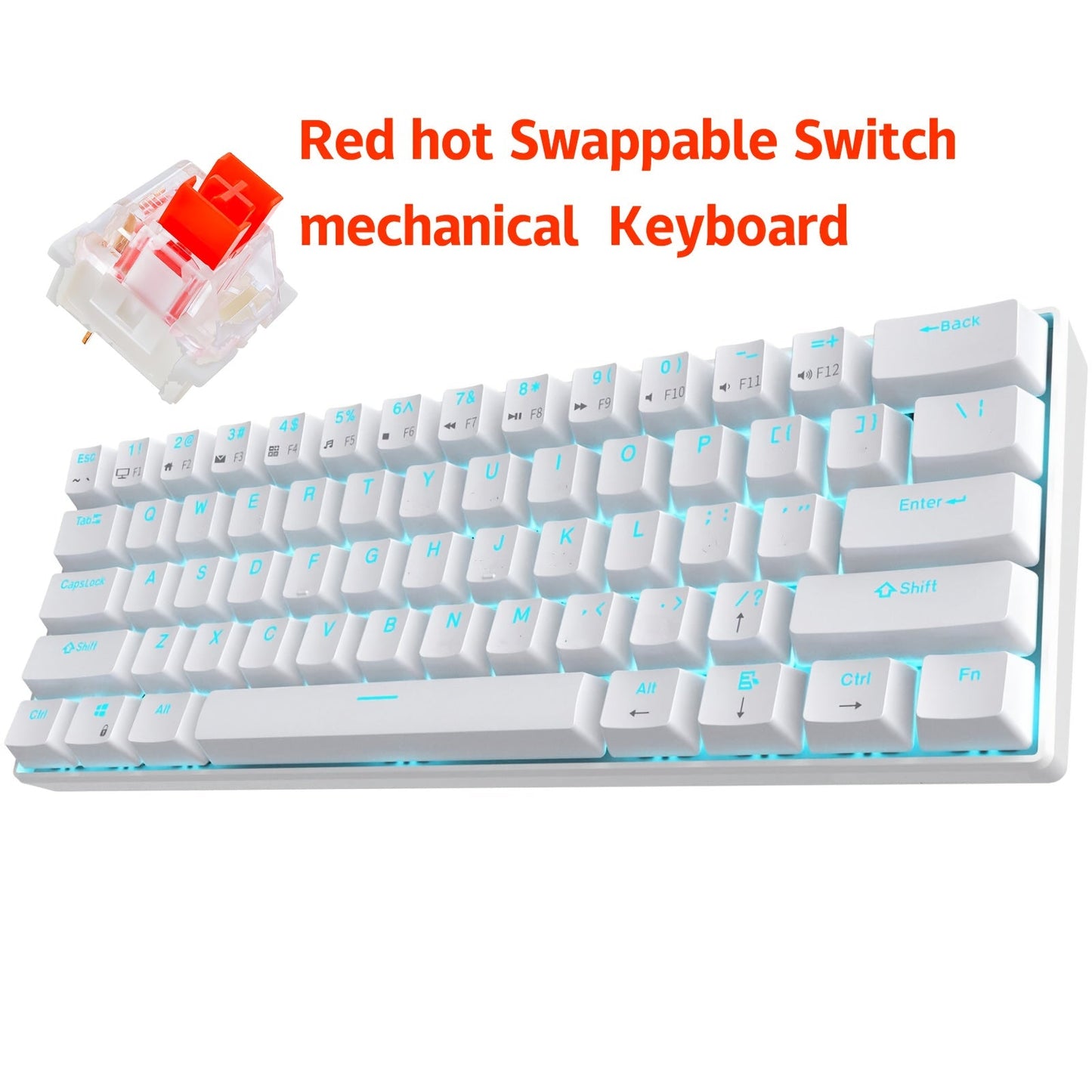 Hot Swappable Mechanical Keyboard 60% RGB Backlit 61 Keys – Customize Red or Cyan Switches, Ultra-Compact Wired Tenkeyless Design for PC, Laptop & Mac | No Solder Switch Change | Black & White