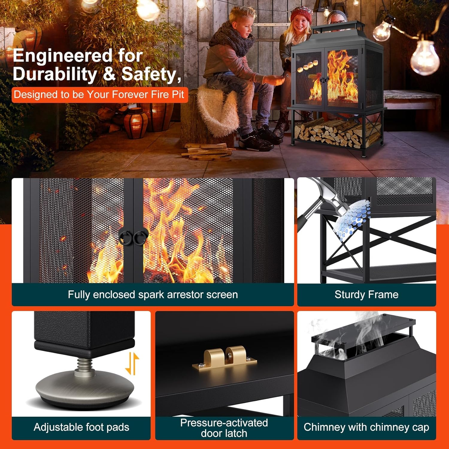 Outdoor Fireplace 39 Inch Rectangular Wood Burning Fire Pit with Grill, Spark Screen & Poker, Large Metal Patio Fireplace with Wood Storage for Garden Deck Backyard, Black
