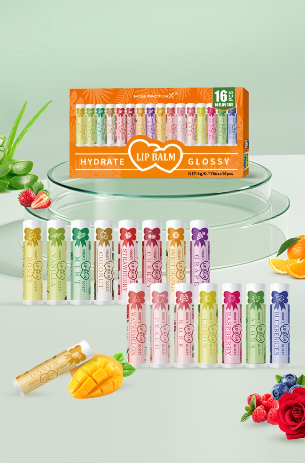Lip Balm 16-Piece Assorted Flavor Set with Glossy Twist-Up Tubes and Orange Display Box Packaging