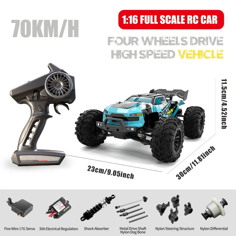 Remote Control Car, 1:16 4WD RC390 Off-Road Racer with 70 km/h Label, LED Lights and Two Batteries