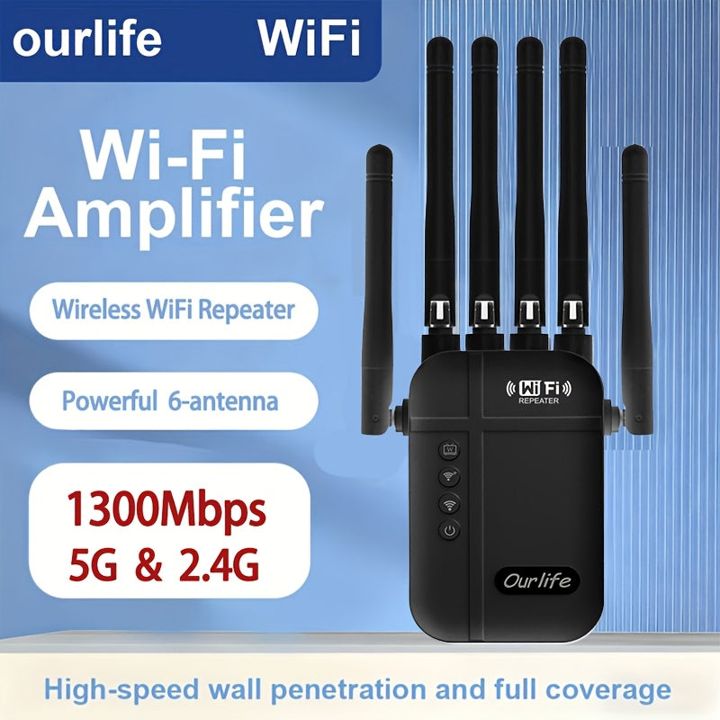WiFi Range Extender Ourlife 1300Mbps Dual-Band 2.4/5GHz with Six Antennas and Five Color Configurations