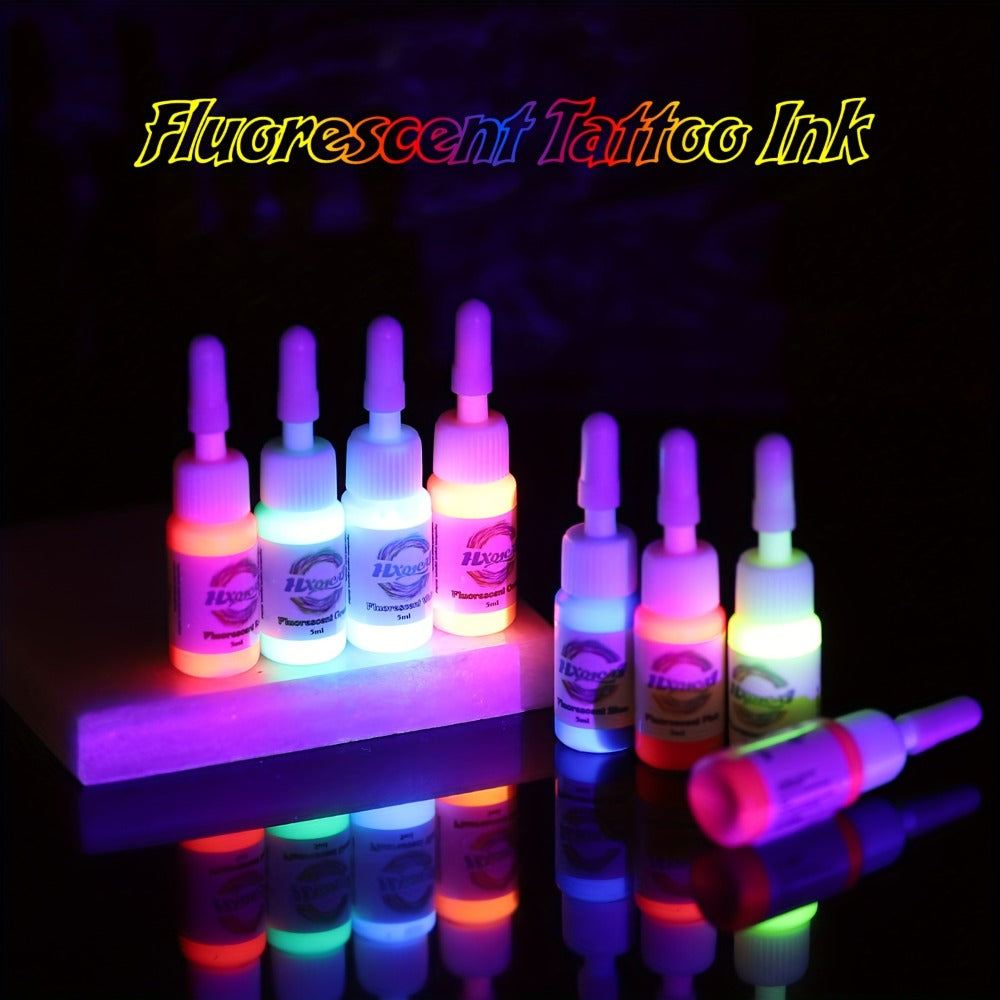 Tattoo Ink 8-Color UV Fluorescent Set with 5ml Bottles and Gallery-Shown Full Neon Color Range