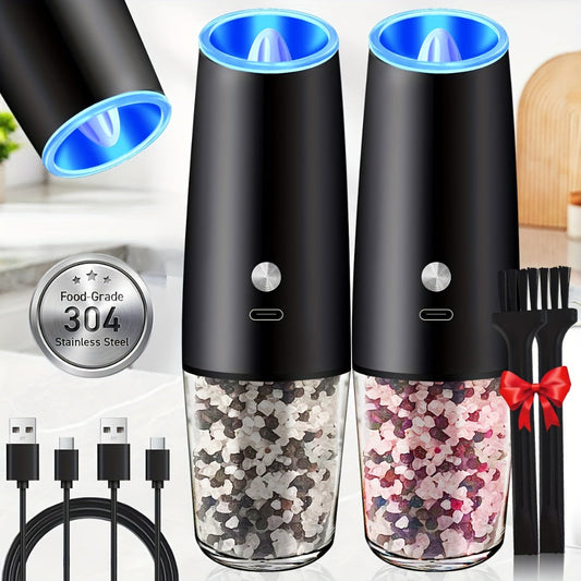 2pcs USB Rechargeable Electric Salt and Pepper Grinder Set with LED Light & Adjustable Coarseness, One-Hand Operation