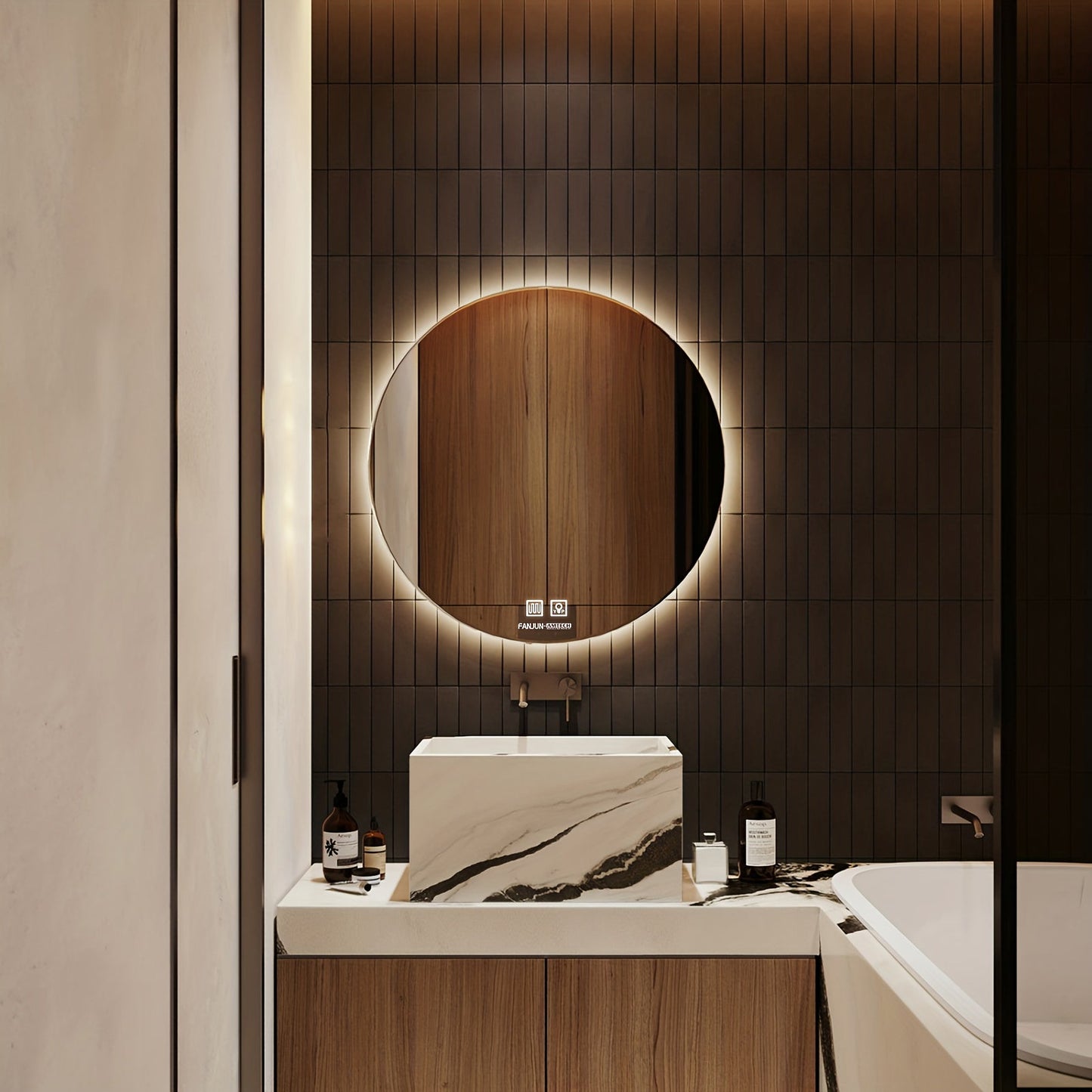 LED Bathroom Mirror shown in the Round 24 inch option
