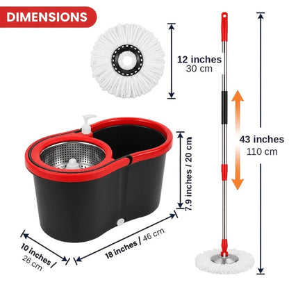 Spin Mop and Dual-Compartment Wringer Bucket Set with Telescoping Handle and Four Mop Heads