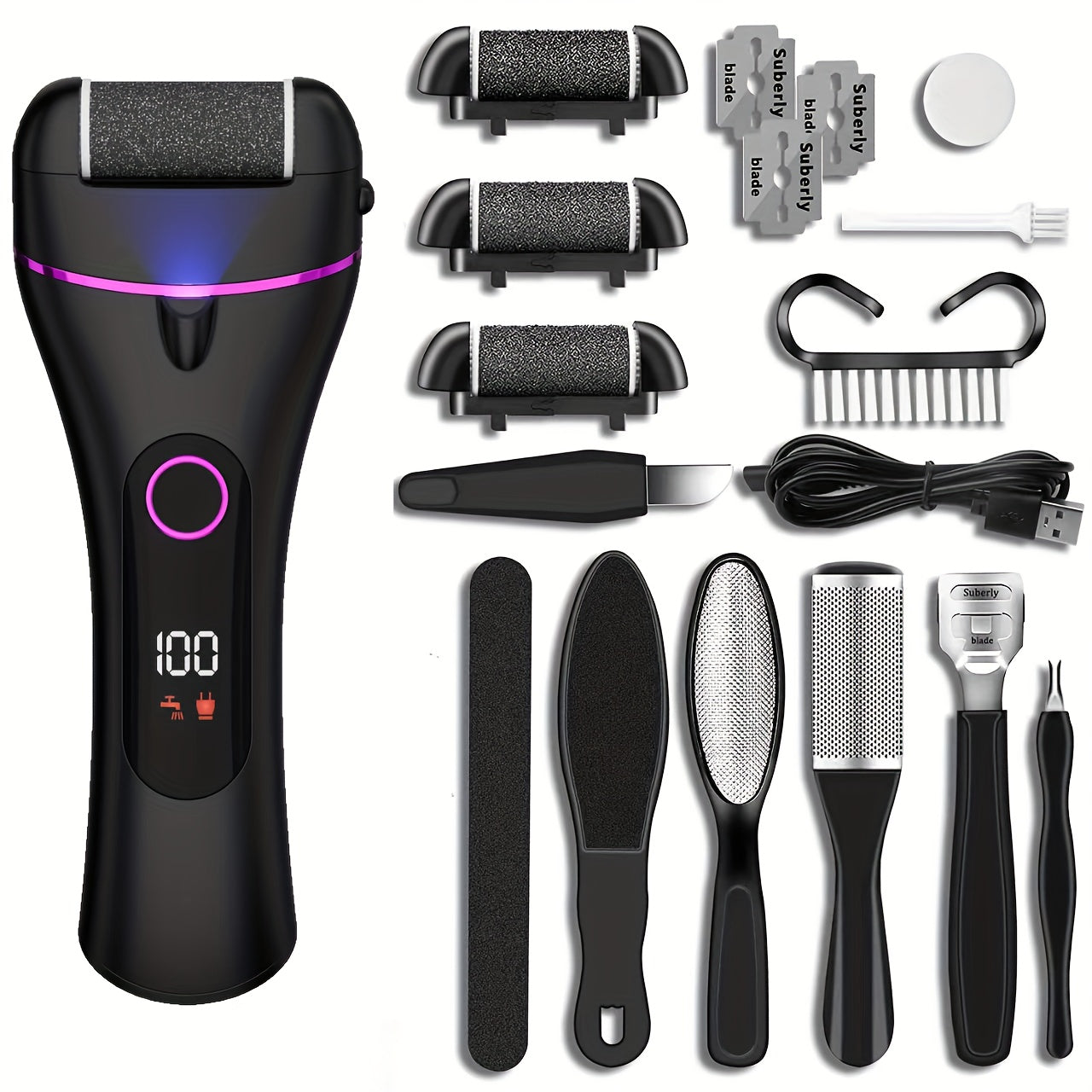 14-in-1 Rechargeable Electric Foot Care Kit with Three Roller Heads, Display and Black or Purple Finish