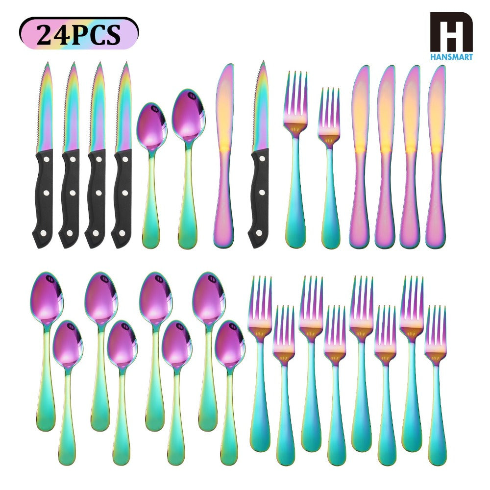 24-Piece Rainbow Flatware Set with Four Black-Handle Steak Knives and Six Four-Piece Utensil Groups