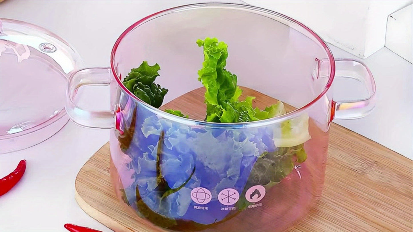 Glass Cooking Pot Cookware with 1500ml Capacity, Heart-Shaped Lid and Transparent Pink Body