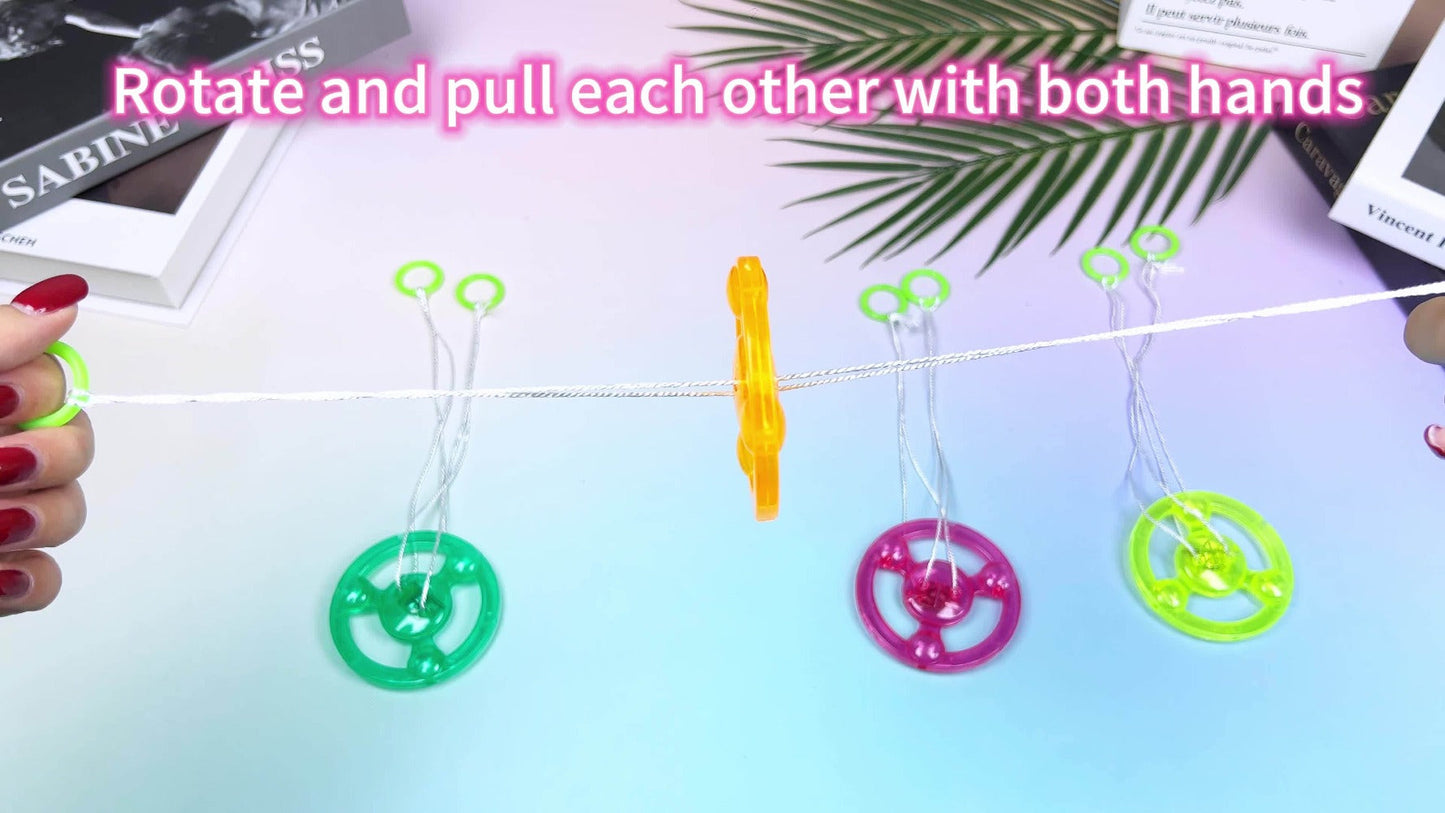 Thirty Pull-String Flywheel Spinner Toys with Four Assorted Colors and Pictured 7cm Wheel Diameter
