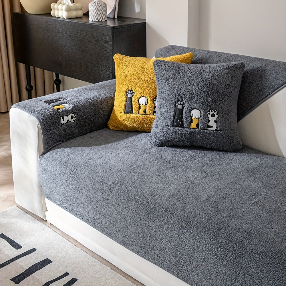 Sofa Cover, Sherpa Plush Cat-Paw Embroidered Seat Pad with Non-Slip Backing in Four Colors and Seven Sizes